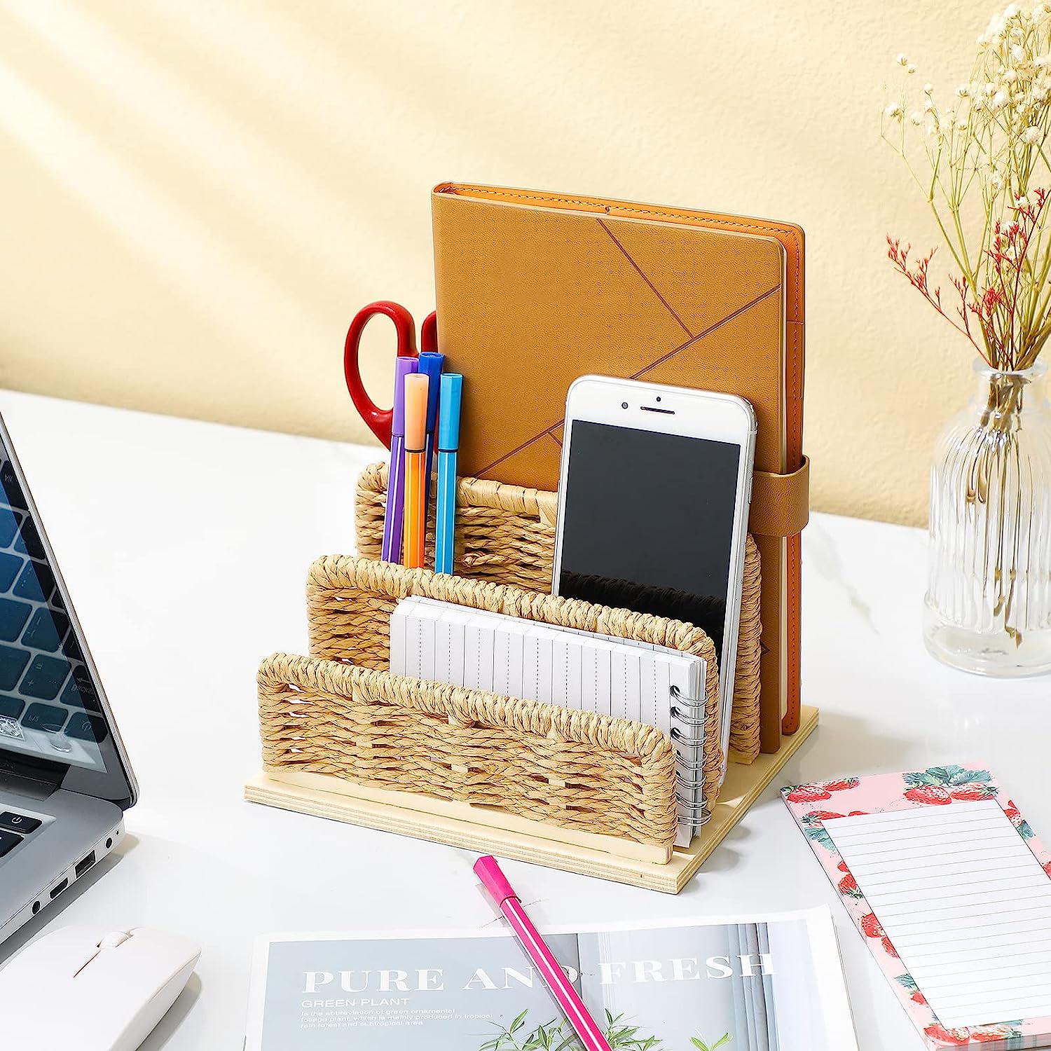 Woven Desk Mail Organizer Upright File Holders Vertical Mail Sorter Small Desk File Organizer Letter Paper Organizer Storage Office Desk Accessories Folder File Sorters for Desktop Home Office - Image 5